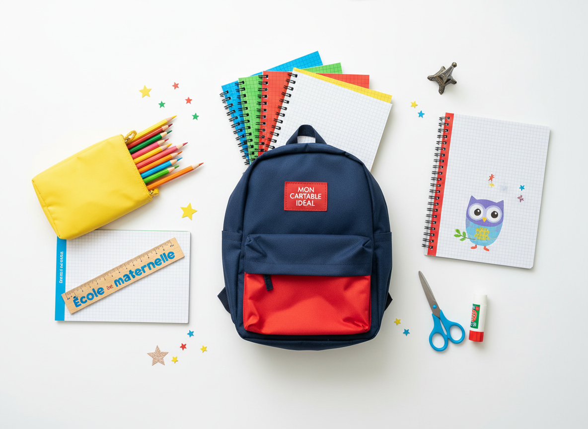 A flat lay of school supplies on a white background: colored pencils, notebooks, ruler, scissors, glue, backpack, pencil case. Bright and cheerful, suitable for a French primary school website.
