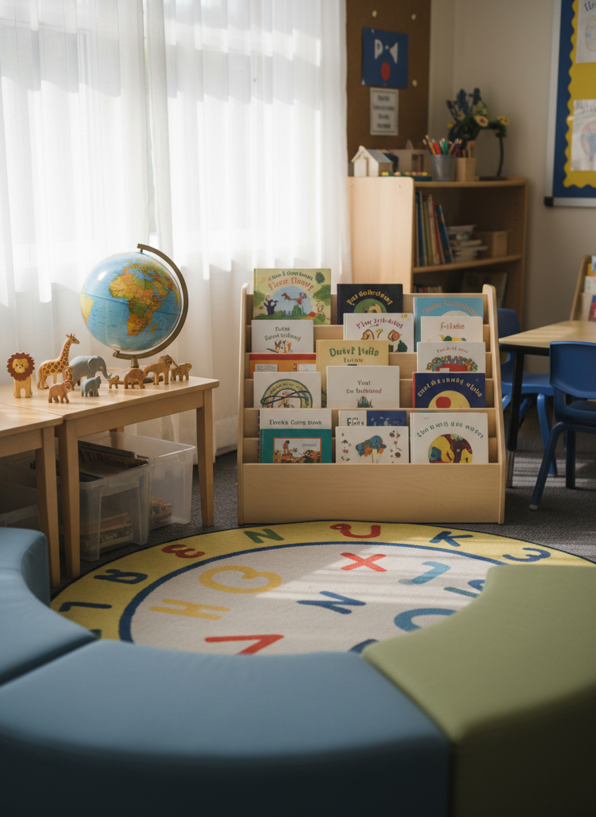 A dedicated reading corner in a primary school classroom, photographed in soft afternoon light. Low, cushioned benches in muted blues and greens curve around a round rug printed with abstract shapes suggesting letters and numbers. A low wooden book display holds an array of colorful, text-free book covers, encouraging curiosity. Nearby, a small world map globe and a few animal figurines hint at global awareness. Light filters in through a nearby window with sheer white curtains, casting gentle, comforting shadows. Shot from a slightly elevated angle with a shallow depth of field, the foreground cushions are in crisp focus while the background shelves blur softly, creating an intimate, tranquil atmosphere that highlights individual growth and the joy of reading.