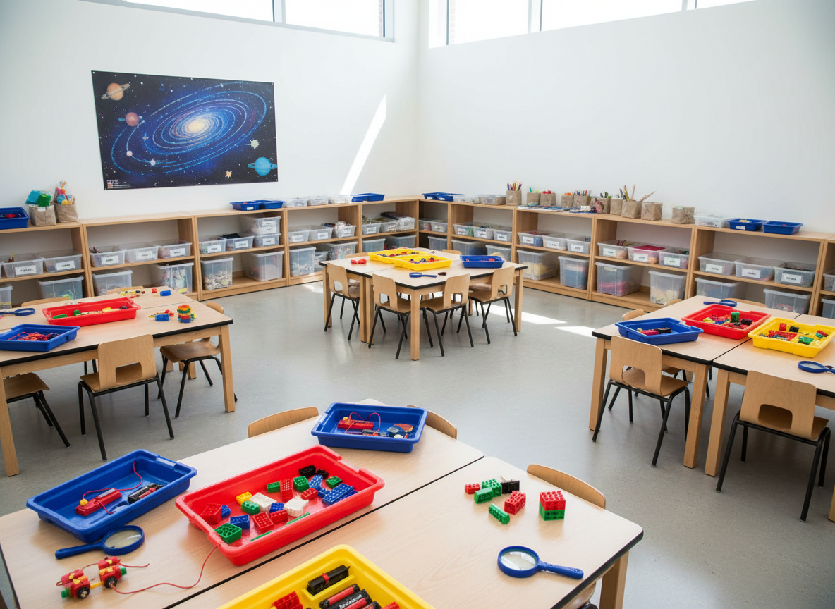 A hands-on primary school science and creativity space photographed in bright, even daylight. Wide, sturdy tables with light wooden tops are arranged for group projects, each table set with trays of building blocks, simple circuits, and magnifying glasses, suggesting innovation and experimentation. Along one wall, open storage units hold neatly sorted materials in transparent bins, while a large, text-free poster of planets and stars hints at curiosity about the wider world. The floor is a clean, neutral tone, reflecting the natural light that pours in from high windows. Captured from a wide-angle perspective with sharp focus, the composition balances order and creative energy, showing an environment where every child can explore, collaborate, and strengthen problem-solving skills.