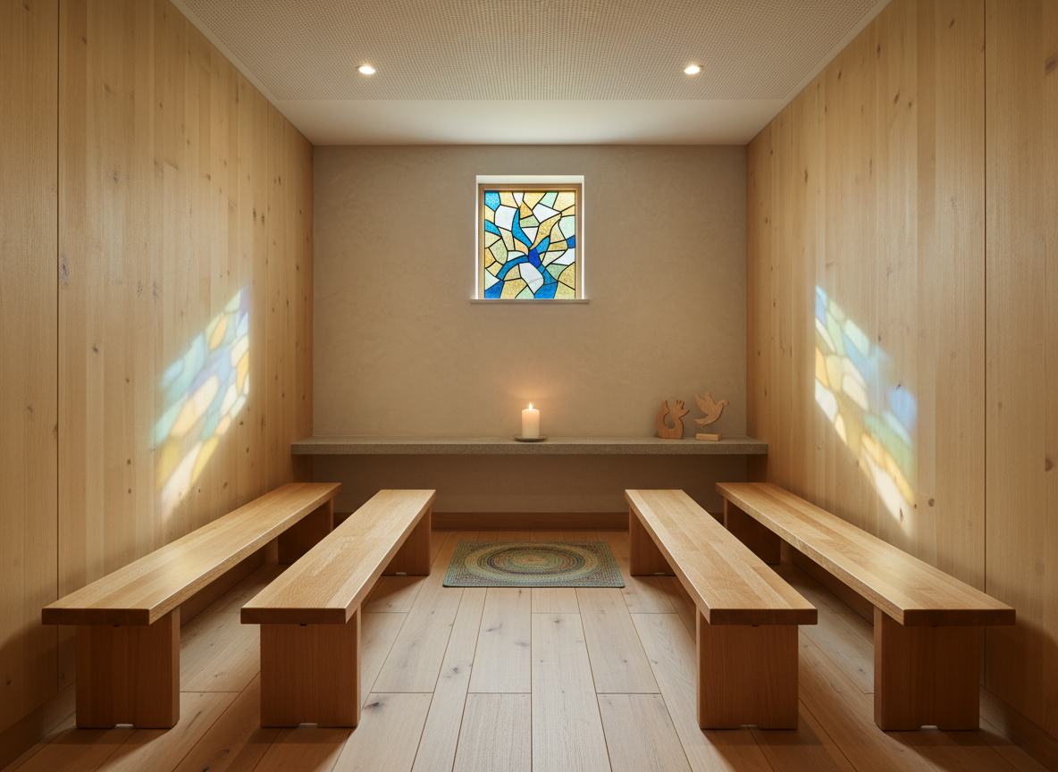 A peaceful school chapel or reflection room corner within a primary school, designed to feel family-oriented and inclusive, captured in photographic realism. Simple wooden benches line a small, softly lit alcove, with a smooth stone ledge holding a single unlit candle and a small abstract stained-glass window that casts gentle, colored patterns onto the wall. The colors are warm and harmonious, with soft golds, blues, and greens suggesting calm and contemplation. Subtle overhead lighting blends with the natural light from the stained glass, creating a serene, respectful mood. Shot from an eye-level perspective with centered composition, the image conveys a quiet, spiritual dimension to school life while remaining open and welcoming to all families.