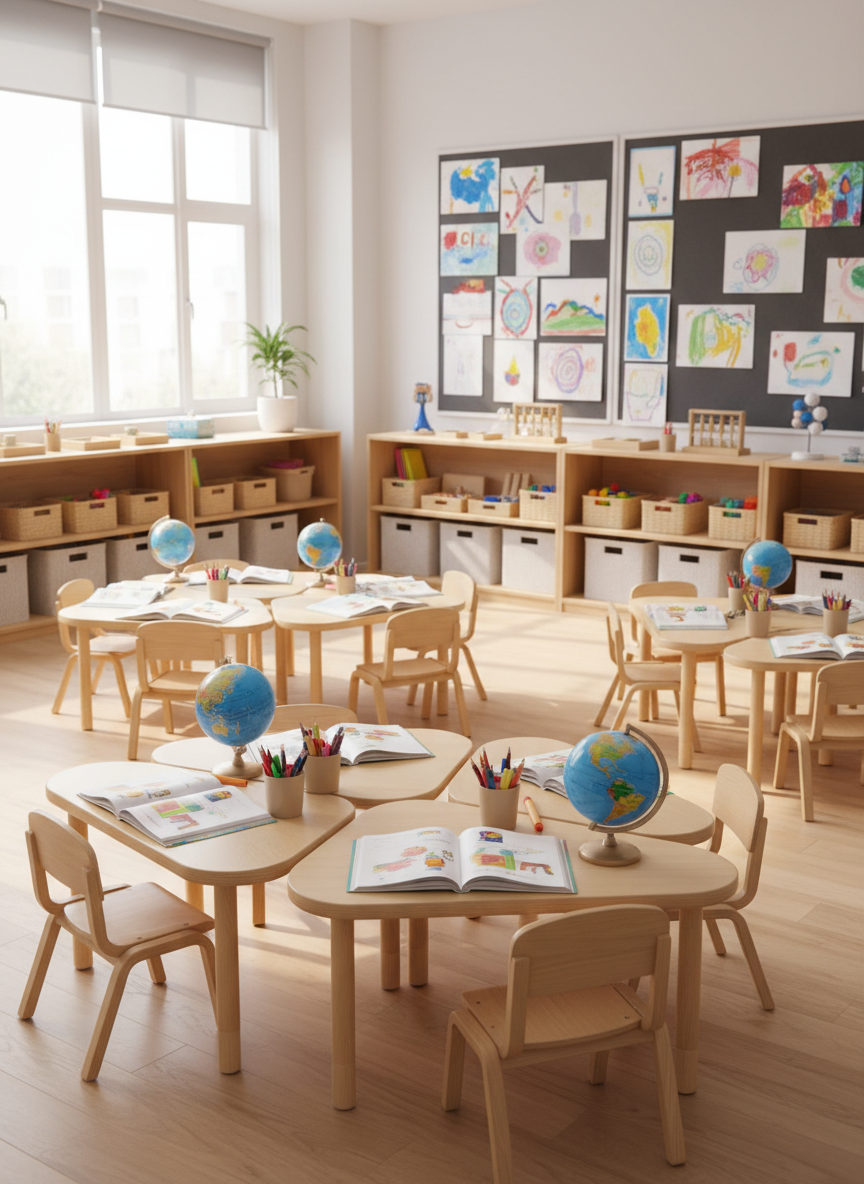 A modern primary classroom designed for collaborative learning, captured in photographic realism at eye level. Low wooden tables are grouped in clusters, each topped with neatly arranged colored pencils, exercise books, and globes showing different continents, symbolizing openness to the world. Open shelves along the walls hold math manipulatives, language games, and science kits, all carefully organized in labeled baskets without visible text. Soft natural daylight streams through large windows, creating warm, inviting highlights on the light wood flooring. The mood is calm, structured, and welcoming, with vibrant student artwork–style drawings abstracted on display boards. The composition uses the rule of thirds to emphasize the central learning area, suggesting a place where each child can find their place and develop their skills.