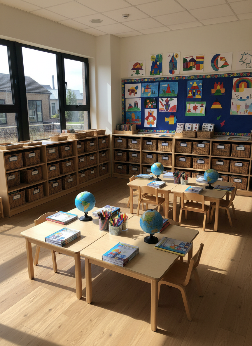 A modern primary classroom designed for collaborative learning, captured in photographic realism at eye level. Low wooden tables are grouped in clusters, each topped with neatly arranged colored pencils, exercise books, and globes showing different continents, symbolizing openness to the world. Open shelves along the walls hold math manipulatives, language games, and science kits, all carefully organized in labeled baskets without visible text. Soft natural daylight streams through large windows, creating warm, inviting highlights on the light wood flooring. The mood is calm, structured, and welcoming, with vibrant student artwork–style drawings abstracted on display boards. The composition uses the rule of thirds to emphasize the central learning area, suggesting a place where each child can find their place and develop their skills.