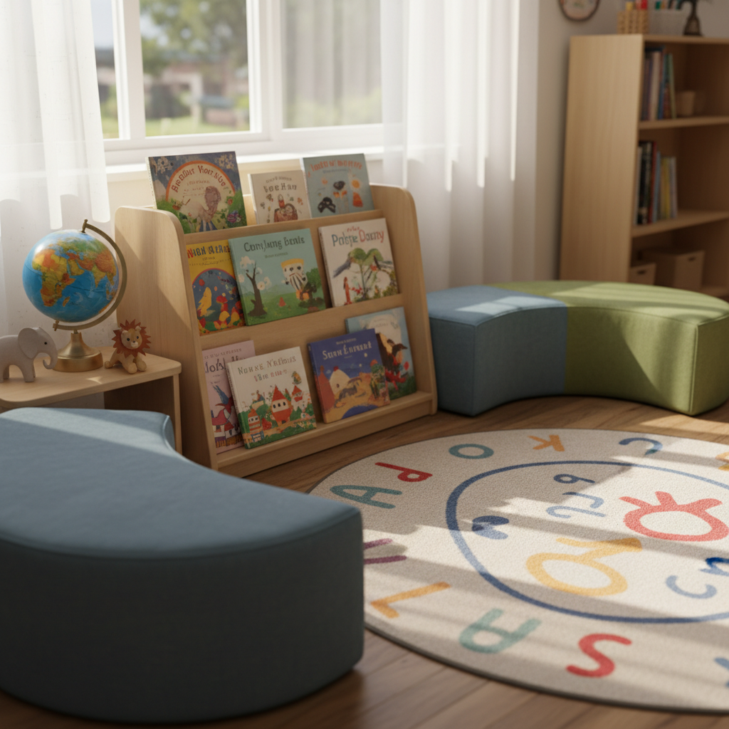 A dedicated reading corner in a primary school classroom, photographed in soft afternoon light. Low, cushioned benches in muted blues and greens curve around a round rug printed with abstract shapes suggesting letters and numbers. A low wooden book display holds an array of colorful, text-free book covers, encouraging curiosity. Nearby, a small world map globe and a few animal figurines hint at global awareness. Light filters in through a nearby window with sheer white curtains, casting gentle, comforting shadows. Shot from a slightly elevated angle with a shallow depth of field, the foreground cushions are in crisp focus while the background shelves blur softly, creating an intimate, tranquil atmosphere that highlights individual growth and the joy of reading.
