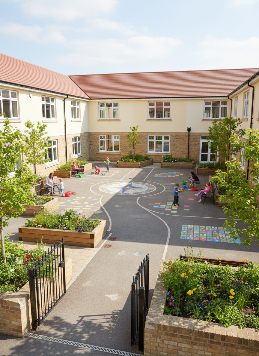 A bright, welcoming primary school courtyard photographed on a clear spring morning, with a neat two-story building in soft cream and pale yellow tones surrounding a central play area. Colorful but discreet ground markings suggest games and learning activities, while raised planters with lush greenery add a sense of life and openness to the world. Diffused sunlight creates gentle shadows along clean paved paths and low walls. Shot from a slightly elevated angle with sharp focus throughout, the composition leads the eye from the entrance gate into the heart of the school, conveying a professional yet family-friendly atmosphere and a sense of inclusive, modern education.